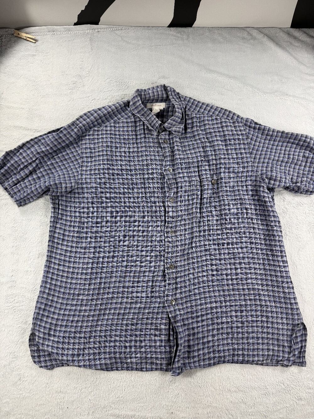 Ermenegildo Zegna Mens XL Blue Gray Plaid Linen Cotton Blend Short Sleeve Shirt
